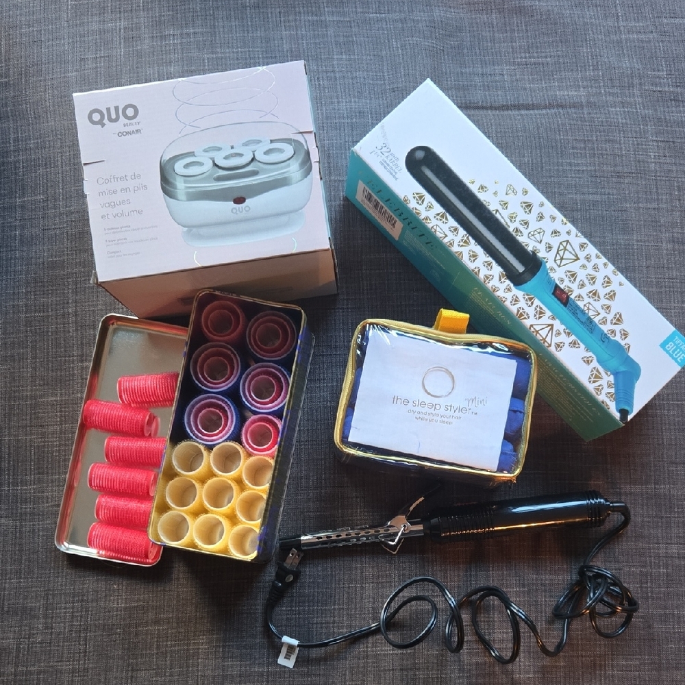 Quo Hair Rollers and Curling Iron Set  And Mini Sleep Styler And Velcro Rollers